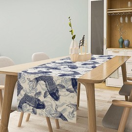 Camino de mesa de pescado japonés, tradicional oriental, asiático, con ondas marinas, carpa, animales de pescado, cultura, camino de mesa para mesa de comedor, decoración de temporada, hogar, fiesta,