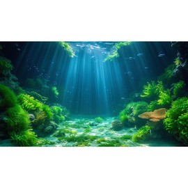 ZatiasMiller Aquarium Background Undersea Soft Algae Coral Reef Terrarium Background Sunlight Rays on Seabed Sandy Backdrop Underwater Plants Moss Fish Tank Background Decor Vinyl 48x24in