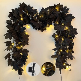 RECUTMS Maple Leaf with Lights Fall Leaves Vine Artificial Autumn Garland Fall Maple Leaf Garland Fall Black Garland 2 Pack for Wall Fireplace Garland Outdoor Indoor Yard (Yellow)