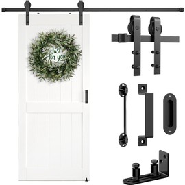 Arti-Life Barn Door Hardware Kit 5FT Heavy Duty Sliding Door Track Kit with Floor Guide and 2 Handles with Lock, Smoothly Hardware Kits for Interior Exterior Fit 28"-30" Wide Panel (J Shape Hanger)