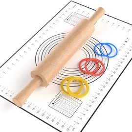 Mepple Classic Wooden Rolling Pin with Handle and Pastry Mat for Fondant, Pizza, Pies, Cookies, Rolling Pin for Baking with 3 Multi-Color Thickness Rings, 17" x 2.5" Natural Beechwood Rolling Pin