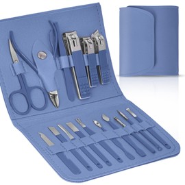 LOPHE Professional Manicure Set, 16pcs Portable Nail Clippers & Eyebrow Grooming Kit, Stainless Steel Nail Care Tools with Luxurious Leather Case for Travel & Home(blue)