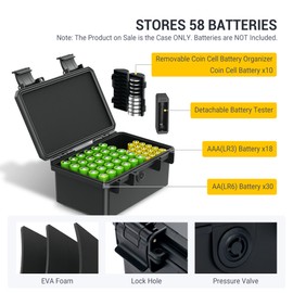 KIWIFOTOS 58 Slots AA AAA CR2032 Battery Case Holder with Tester, IP67 Waterproof Outdoor Batteries Storage Organizer Container with 3V CR2032 Button Battery Holder