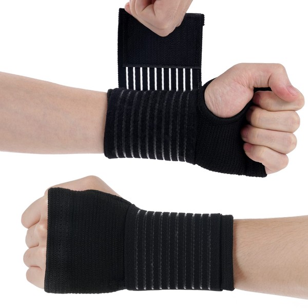 ACWOO Wrist Brace, 2 Pack Elastic Wrist Support with Strap, Wrist Compression Wrap Adjustable Wrist Strap Relieves Wrist Pain, Tendonitis, Sports Use for Men and Women, Right & Left (Black)