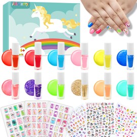 Allstarry Kids Nail Polish Set, 18pcs Unicorn Nail Art Kit for Girls, 12 Colors Non-Toxic Peel-Off Kids Nail Polish 3 Sheet Kids Nail Sticker 3 Pack Kids Nail Tips for Ages 5+ Birthday Christmas Gift