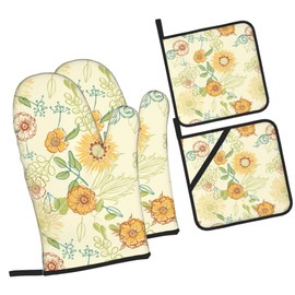 Vintage Groovy Flower Oven Mitts and Pot Holders Set of 4 Yellow White Florals Heat Resistant Potholders Non-Slip 4pcs Hot Pads and Oven Gloves Green Leaf Plants Kitchen Mittens for Kitchen Baking
