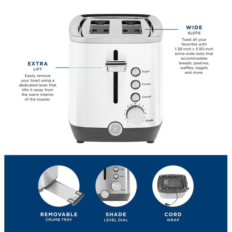 GE 2 Slice Toaster, Extra Wide Slots for Toasting Bagels,