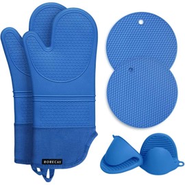 Rorecay Extra Long Oven Mitts and Pot Holders Sets: Heat Resistant Silicone Oven Mittens with Mini Oven Gloves Hot Pads Potholders for Kitchen Baking Cooking, Quilted Liner, Pack of 6 (Lake Blue)