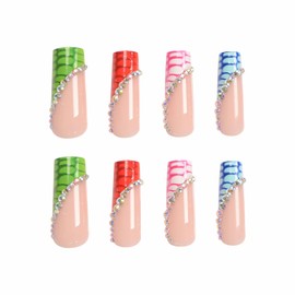 MISUD Colorful Press on Nails Long Square Fake Nails Glossy Glue on Nails Rainbow Crocodile Print Acrylic Nail Supplies Squoval Artificial Nail Art Rhinestone False Nails with Design DIY 24 pcs