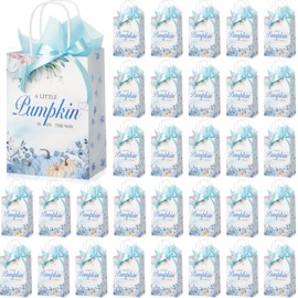 AmazingSpark 50 Sets Fall Baby Shower Gifts Bags Bulk A Little Pumpkin is On The Way Thank You Gift Bags with Handles Bow Ribbon and Tissue Paper for Guests Gender Reveal Party(Blue)