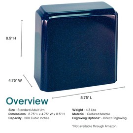 Silverlight Urns Indigo Cultured Marble Urn for Adults – 230 cu/in Capacity, Durable Stone-Like Cremation Urn for Human Ashes, Memorial Funeral Urn for Home or Ground Burial