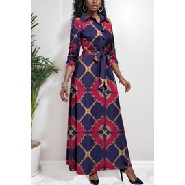 Runwind Women Maxi Button Down 3/4 Sleeves Print Dress Casual with Pockets and Belt Navy Flower XL