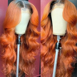 YMS Ombre Orange Transparent Lace Front Wigs Human Hair Black and Orange Human Hair Wigs 180% Density Body Wave Lace Frontal Wigs Human Hair Pre Plucked 14 Inch