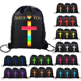 VZZNN 30 Pcs Jesus Loves You Drawstring Backpack Bulk Christian Gift Bags Church Supplies String Backpack Cinch Bag Jesus Stuff(Black)