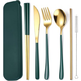 Juego de Cubiertos de Acero Inoxidable de 7 Piezas en 1, Juego de Cubiertos Dorados, Set de Cubiertos Portatiles con Cuchillo, Cuchara, Tenedor, Palillos, Pajitas, Aptas para el Lavavajillas (Verde)
