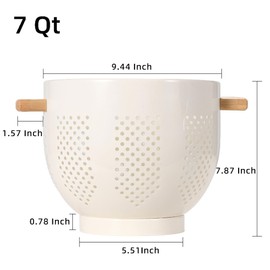 Metal Colander with Wood Handle and Stable Base, Powder Coated Steel Kitchen Strainer Basket for Draining Pasta, Vegetable and fruit (7quart,Cream)
