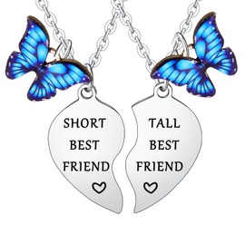 Funny Friendship Gifts for Best Friend Necklace 2PCs Short Best Friend Tall Best Friend Heart Matching Pendant Necklace Set Blue Butterfly Charm Friendship Necklace for Sister Bestie Christmas Birthday Gifts