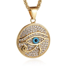HZMAN 18k Gold Plated Iced Out Eye of Horus Egypt Protection Dog Tag Pendant Stainless Steel Necklace (Eye of Ra)