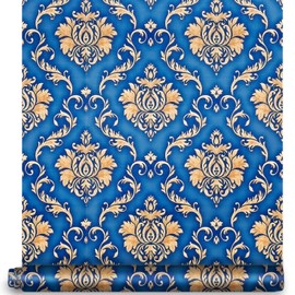 YIFU LIFE Luxury Damask Peel and Stick Wallpaper 17.7"×9.8ft Blue/Brown Damask Contact Paper Removable Self Adhesive Vinyl Decorative Film Roll Shelf Liner for Home Decoration Furniture Renovation