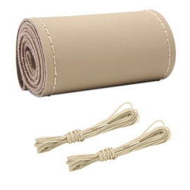 Wevdn Genuine Leather Steering Wheel Cover, Stitch on Wrap, DIY Sewing Steering Wheel Protector, 15 Inch Breathable Non-Slip Steering Wheel Protector, Car Accessories (Beige, Glossy)