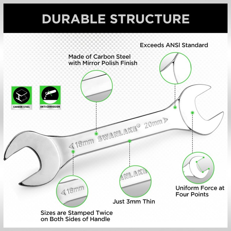 SWANLAKE 10Pcs Super-Thin Open End Wrench Set, CR-V Steel, Metric,