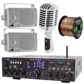 Pyle Wireless Bluetooth Stereo Amplifier-Multi-Channel 200W Amplifier Receiver System Bundle Combo with 2x 3.5'' 3-Way Weather Proof Silver Box Speakers, Retro Silver Microphone, 16 Gauge Wire