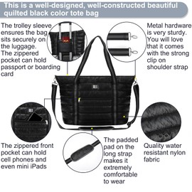 Tote Bag for Women, Large Quilted Work Tote Shoulder Bag with Laptop Compartment, Trolley Sleeve Puffy Handbag Purse with Zipper for Travel, Everything Tote Bag Great for Gym Shop - 19''x13''x8''