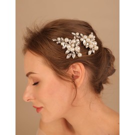 Teyglen 2pcs Silver Pearl Crystal Hair Barrette Bridal Rhinestone Hair Clips for Bride Wedding Hair Accessories for Women Elegant Hairpins Party Prom Side Headpiece (Silver)