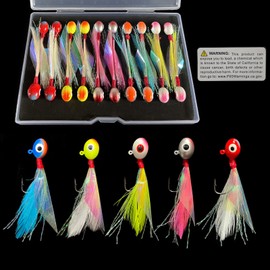 Bombite Crappie Jigs Oval Crappie Jig Heads with Hand-Tied Feather Rainbow Skin,10/20Pcs Crappie Fishing Lures Kit for Bass Crappie Trout Walleye Panfish Sunfish 1/32oz 1/16oz 1/8oz