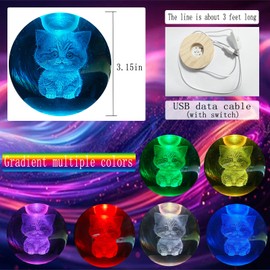 KAZETEC 3D Cat Themed Gifts for Women Decor for Cat Lovers, Cat Crystal Ball 80mm,7 Color Changing Wooden Light Base