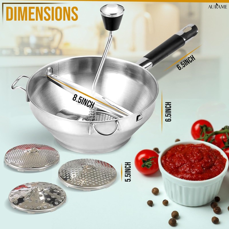 AURAME Premium Stainless Steel Food Mill - Effortless Pureeing, Straining
