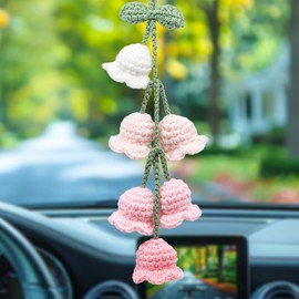 MEAJOO Car Mirror Hanging Accessories, Rear View Mirror Accessories Hanging Decor, Cute Bellflower Hand Knitted Car Pendant Suitable for Key Chains, as Gifts for Women(1 PCS, White & Gradient Pink)