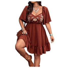 Verdusa Women's Plus Size Boho Floral Flowy Dress Half Sleeve Sweetheart Neck A Line Dresses Brown 4X-Large Plus