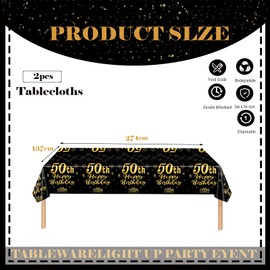 COSORO 2pcs Black Gold 50th Table Cloth,Happy 50th Birthday Tablecloth for Men Women 50th Birthday Table Decoration,137 * 274cm Plastic Tablecloths Table Cover 50th Birthday Decorations for Him Her
