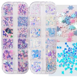 2 Boxes Chunky Glitter Flakes Heart Star Clover Leaf Snowflake Iridescent Blue Glitter Sequins Charms Resin Slime Crafts Nail Art Decor