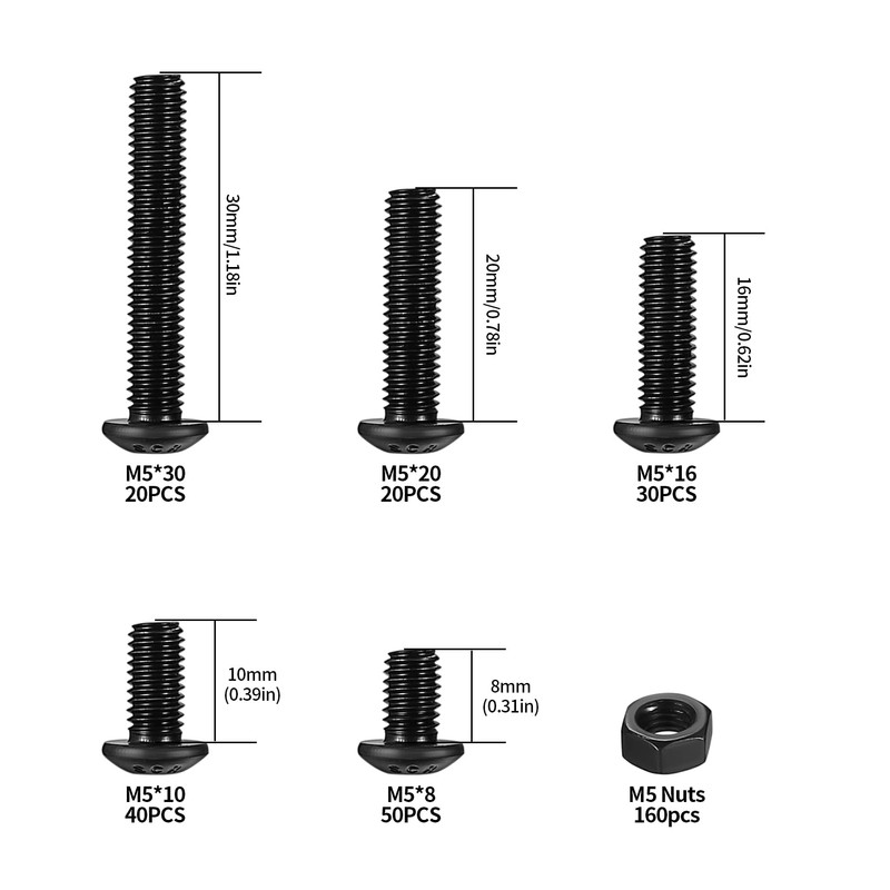 Set of 320 M5 Screws Set, Rounded Head Hex Screws