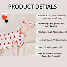 QBLEEV Sphynx Cat Clothes, Cute Heart Pattern Cat Shirts for Cats Only, Breathable Cat Daily Wear Clothes for Devon Rex, Kitten Costume T-Shirts Skirt Sweaters, Hairless Cat Summer Vest for Sphynx