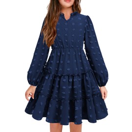 Arshiner Girls Dress Swiss Dot V Neck Long Sleeve Ruffle Tiered Boho Party Casual Formal Party Dress Navy Blue 11-12Y
