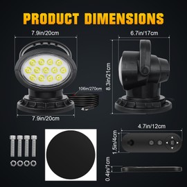 SKYWORLD 8 inch 38W LED Search Light, Portable Magnetic Base 360° Rotating Remote Control Led Work Light, 12V 24V Driving Lights Lamp for Car Off Road Truck 4x4 SUV ATV Protection Emergency Lighting