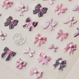 Bow Nail Art Stickers Decals 5D Embossed Valentine's Day Pink Bow Nail Decals Sweetheart Bow Valentine's Adhesive Sticker Kawaii Manicure Supply for Nail Art Decorations