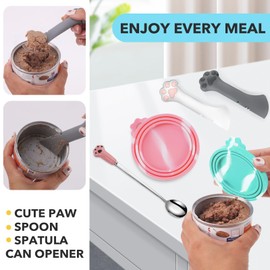 Comtim 5 PCS Pet Food Can Lids & Spoons Set - Silicone Dog Cat Food Can Covers Lids Top/Multi-Function Cat Food Spoon Spatula Can Opener for Wet Food/Long Handle Spoon Easy to Scoop Food