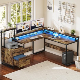 YITAHOME L Shaped Desk with Power Outlets & Hutch, Computer Desk with Drawers & LED Lights, Reversible Corner Office Desk with Printer Stand for Home Office, Rustic Brown