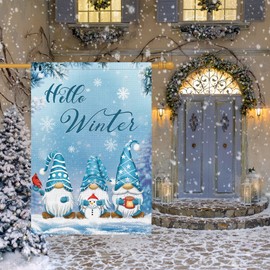 Louise Maelys Hello Winter Gnome Garden Flag 28x40 Double Sided, Burlap Large Vertical Snowflakes Snow Garden Yard House Flags for Winter Christmas Seasonal Outside Outdoor House Decor (ONLY FLAG)