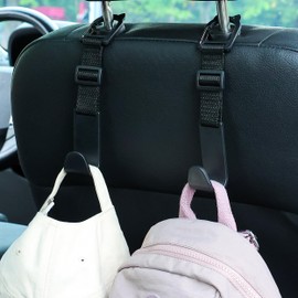 Amooca Car Headrest Hooks 4 Pack Adjustable Universal Fit Auto Seat Back Organizer Storage Hanger Purse Bags Holder with Clip Black