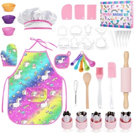 BUOAZR Chef Set Chef and Baking Set for Children, 38 Pieces Unicorn Pattern Aprons, Chef Hats, Children's Chef Role Play Costumes, Kitchen Chef Toy for Kids Girls Boys 3-8 Years