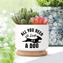 DecStic All You Need is Love and A Dog Planter Ceramic Bible Verse Round Plant Pots with Drainage Holes and Bamboo Tray Pot for Succulents Cactus Garden Windowsill