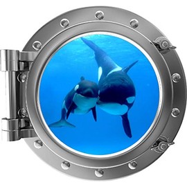 24 inch Porthole Window Wall Decal Killer Whale and Cub Silver Port Scape Orca Baby Whale Ocean Sea Animal Wall Art Peel and Stick Kids Room Decor