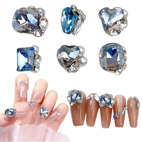 Chisafly Nail Stone, Large Nail Parts, Crystal, Gems, Glitter, 3D, Heart, Square, Rectangle, Set of 6 (Light Blue)
