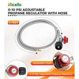 Upgraded 5FT 0-10 PSI Adjustable High Pressure Propane Regulator with Stainless Steel Braided Hose, 1/8" Male Connector for Turkey Fryer, Fish Fryer, Propane Burner, Fire Pit and Outdoor Cookers
