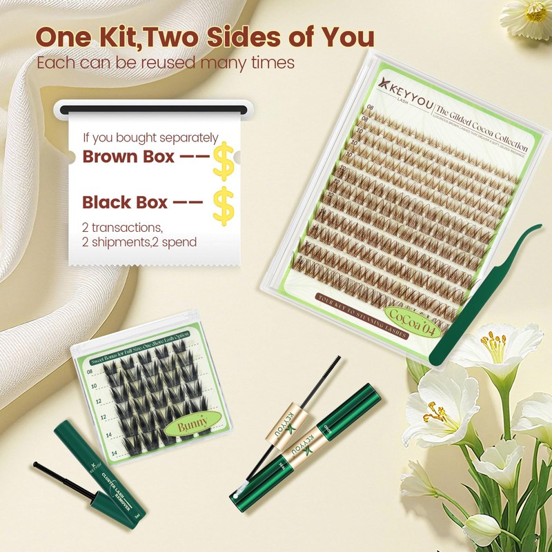 KEYYOU Spider Brown Lash Clusters Ki w/Black Bunny Wispy for
